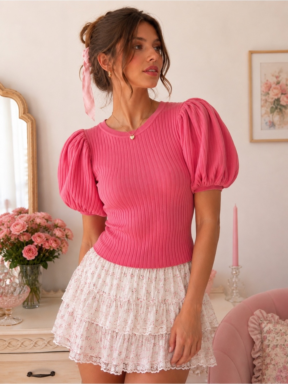 En Saison Coquette Pink Puff Sleeve Rib Knit Sweater Top XS Romantic
